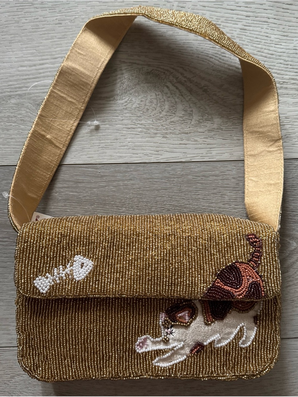Beaded Gold Tone Cat Applique Shoulder Bag 🐱